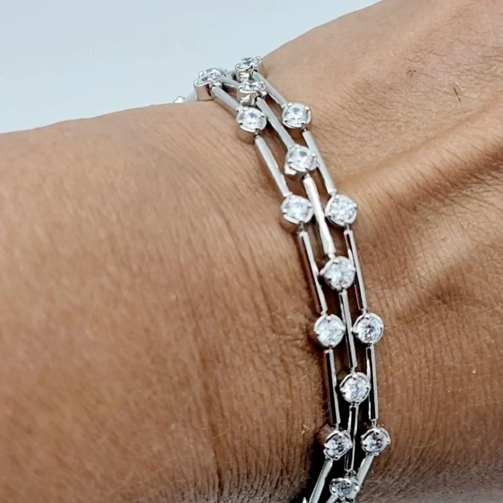 SW925CZ Sterling Silver Triple Strand Bracelet Cubic Zirconia Dbl Safety Clasp
